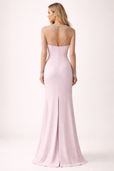 long sleeve column dress with embellished illusion neckline – CELESTE