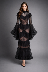 high neck lace ruffle dress with sheer panels – NOIR