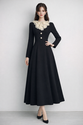 long sleeve A-line dress with floral lace collar – ELISE