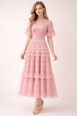 ruffled mesh midi dress with smocked bodice – ROSE