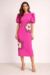 puff sleeve midi dress with floral sequin applique – FUCHSIA