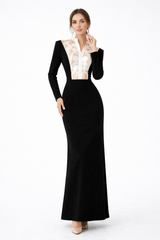 long sleeve column dress with embroidered illusion bodice – NOCTARA