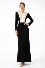 long sleeve column dress with embroidered illusion bodice – NOCTARA