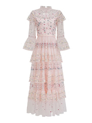 high-neck embroidered tulle maxi dress with layered ruffles – BLUSH