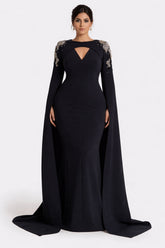 Long-sleeve column dress with embellished shoulders and draped cape - Isla-1