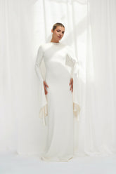 long-sleeve gown with pearl-trimmed flared cuffs – OPHELIA