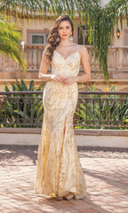 Glitter-Print Long Prom Dress with Sheer Sides