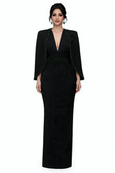 plunging v-neck gown with embellished cape – EMERALD-1
