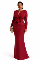 long-sleeve column gown with sculpted floral waist – SASYON-1