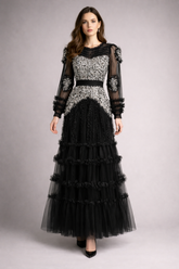 long-sleeve sequin bodice dress with layered tulle skirt – LUXE