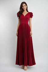 cap sleeve pleated maxi dress with floral shoulder details – NUDE