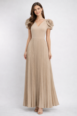 cap sleeve pleated maxi dress with floral shoulder details – NUDE