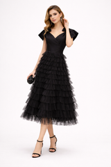 off-shoulder tulle midi dress with layered ruffles and bow straps – NOIRS