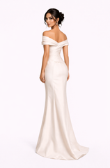 off-shoulder draped satin slit gown with waist detail – PEARL