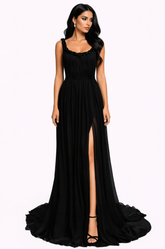 pleated strap gown with braided neckline and high slit – NOCTA