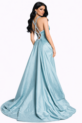 ruched strap gown with draped skirt and high slit – CELESTE