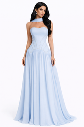 strapless corset dress with flowing chiffon skirt and scarf detail – SKY