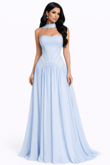 strapless corset dress with flowing chiffon skirt and scarf detail – SKY