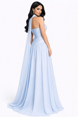 strapless corset dress with flowing chiffon skirt and scarf detail – SKY