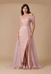 Long Couture Hand Beaded Cold Shoulder Formal Dress