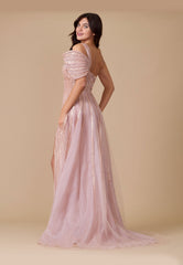 Long Couture Hand Beaded Cold Shoulder Formal Dress