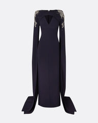 Long-sleeve column dress with embellished shoulders and draped cape - Isla-1