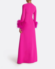 long-sleeve gown with feather-trim cuffs – FUCHSIA-1
