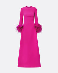 long-sleeve gown with feather-trim cuffs – FUCHSIA-1