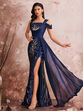 one-shoulder embellished gown with chiffon drape – CELESLE