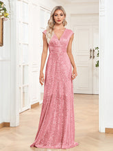 sequin V-neck gown with ruched waist – STELINKA