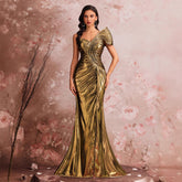 metallic one-shoulder ruched gown – VESPER