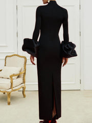 long-sleeve column gown with oversized ruffle cuffs – VELORA