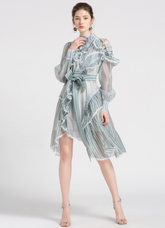 Sheer striped ruffle mini dress with sash – Nova