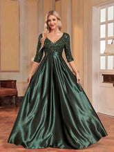 sequin V-neck gown with satin A-line skirt – ESMÉ