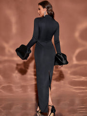 long-sleeve column gown with oversized ruffle cuffs – VELORA