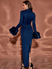 long-sleeve column gown with oversized ruffle cuffs – VELORA