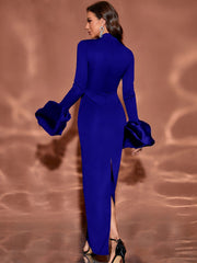 long-sleeve column gown with oversized ruffle cuffs – VELORA