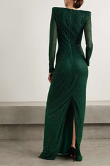 long-sleeve shimmer gown with structured shoulders – EMERALD