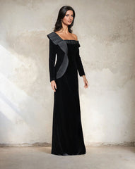 velvet column dress with crumple ruffle and long sleeves - QOLEN