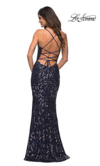 La Femme Indigo Blue Long Sequin-Print Prom Dress