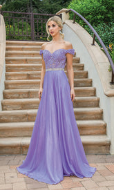 Off-the-Shoulder Long Metallic A-Line Prom Dress