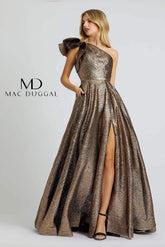 Long One Shoulder Metallic Prom Ball Gown by Mac Duggal 67297