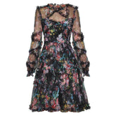 Black floral lace mini dress with sheer ruffle sleeves – Maarja