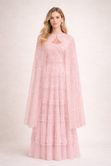 layered tulle maxi dress with sheer cape overlay – AZURE