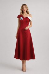 one shoulder satin midi dress with floral detail – SCARLET