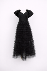 off-shoulder tulle midi dress with layered ruffles and bow straps – NOIRS