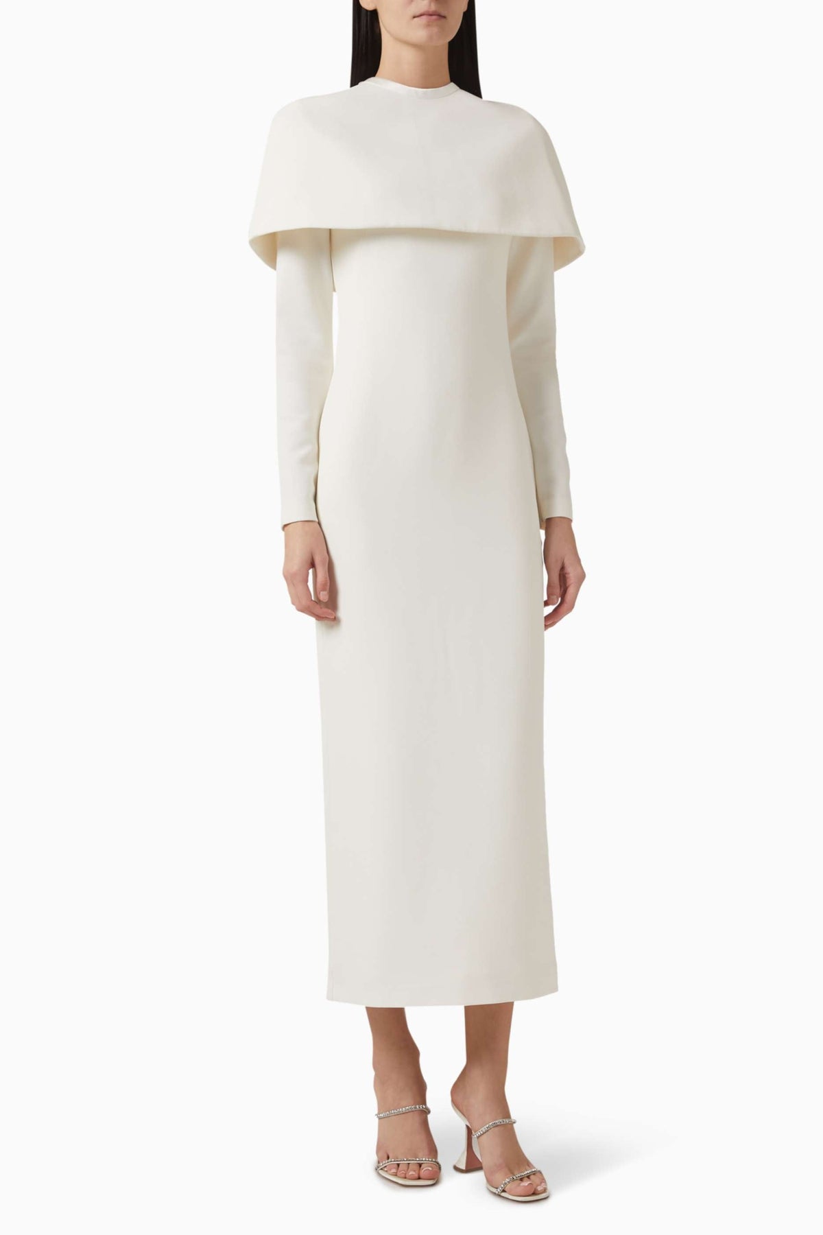 Long-sleeve column gown with structured cape overlay – ESMÉ
