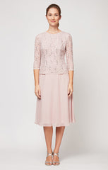 Alex Evenings 2121796 Short Mother of the Bride Petite Lace Tea Length Two Piece Dress