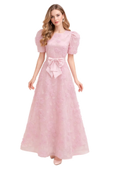 short-sleeve floral embroidered maxi dress with bow waist – ROSÉLLE
