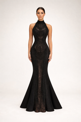 halter mermaid gown with draped beaded detailing – NOCTARA